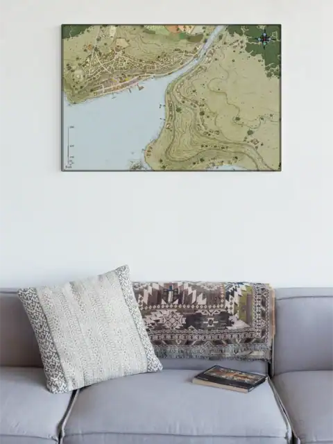 Hand-drawn fantasy map showing a riverside settlement where a river forks.
