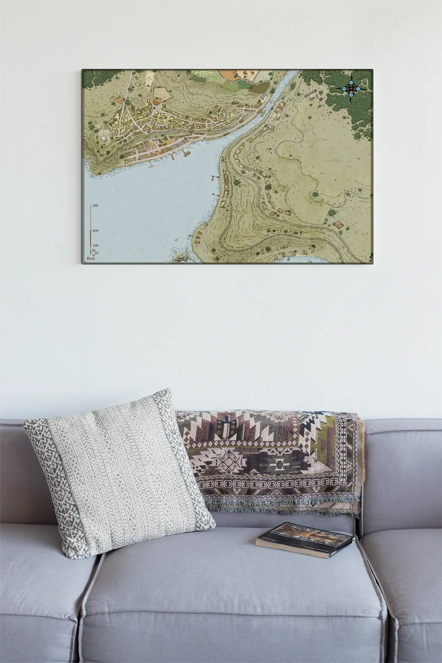 Hand-drawn fantasy map showing a riverside settlement where a river forks.