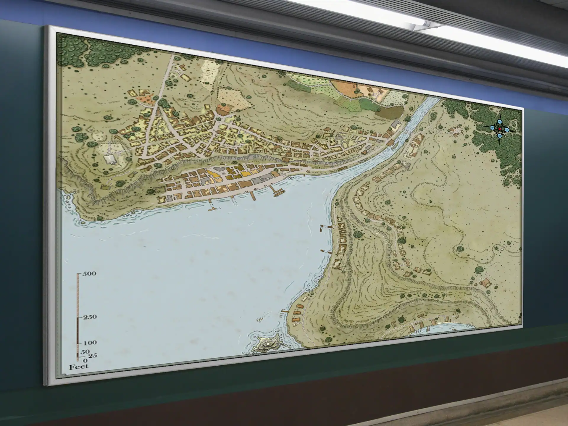 Scattered structures line the eastern shore with wooden piers extending into water.
