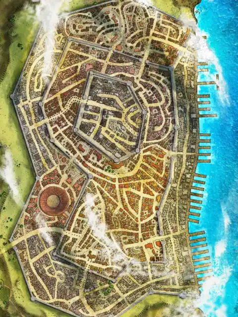 Orange and red buildings fill distinct districts within stone fortifications.