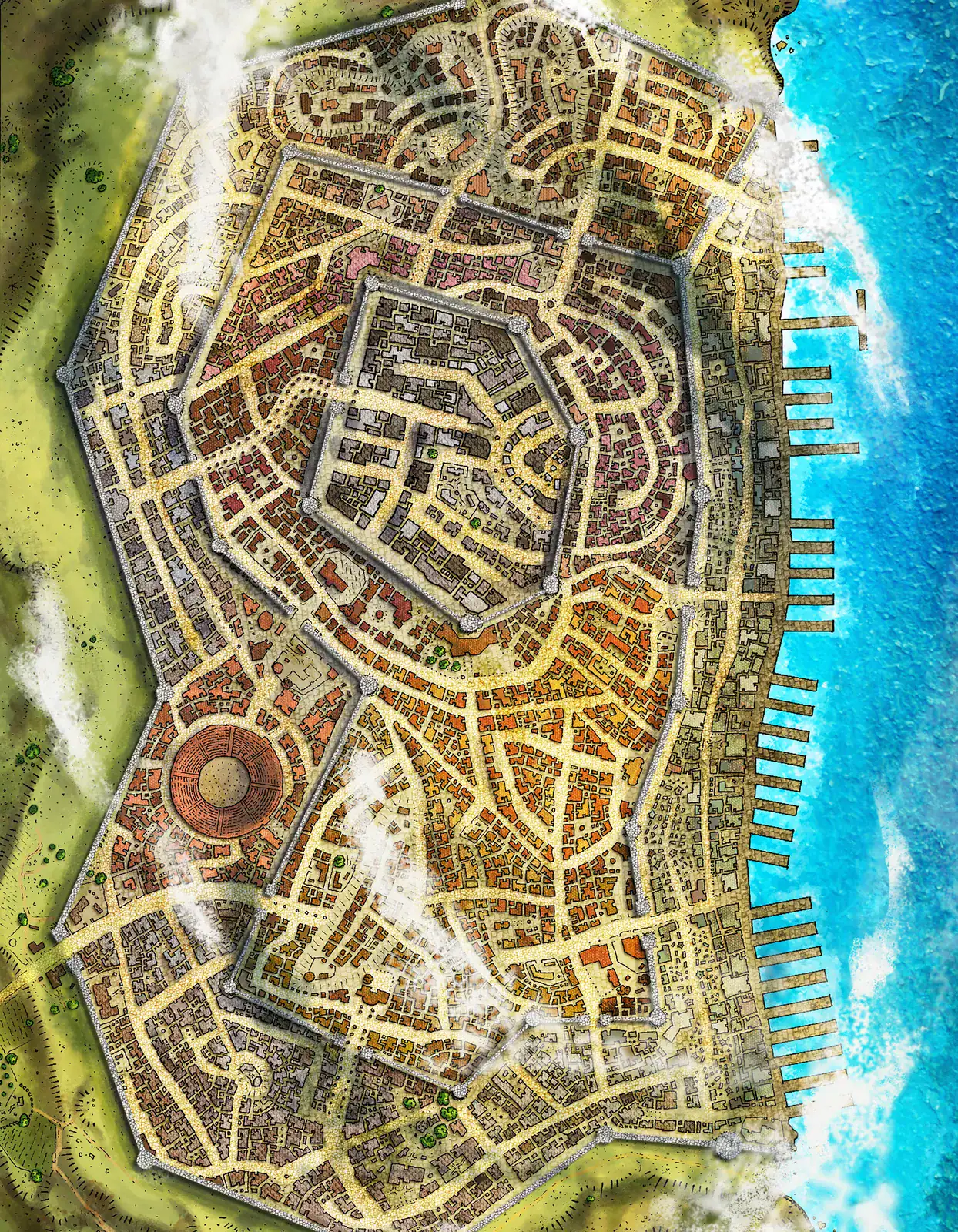 Orange and red buildings fill distinct districts within stone fortifications.