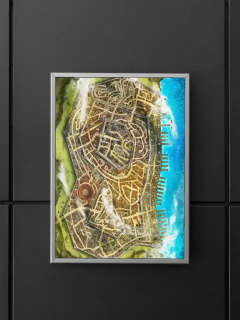 Aerial view of a fortified coastal city with concentric defensive walls.