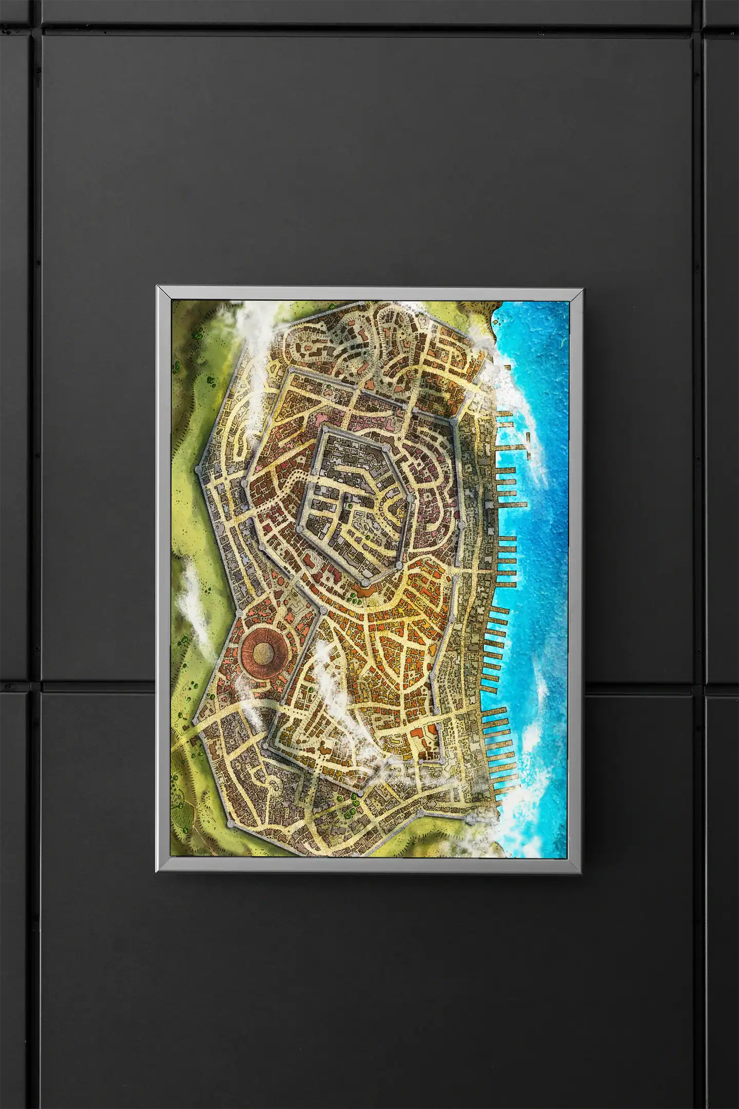 Aerial view of a fortified coastal city with concentric defensive walls.