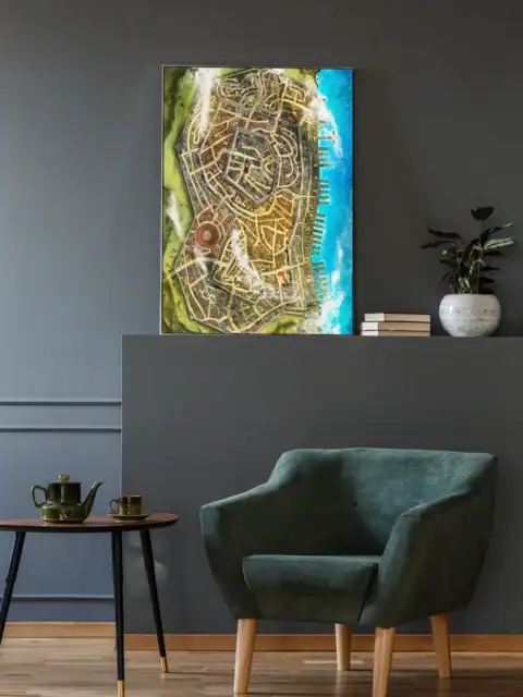 Green grasslands surround the city with subtle topographical markings.