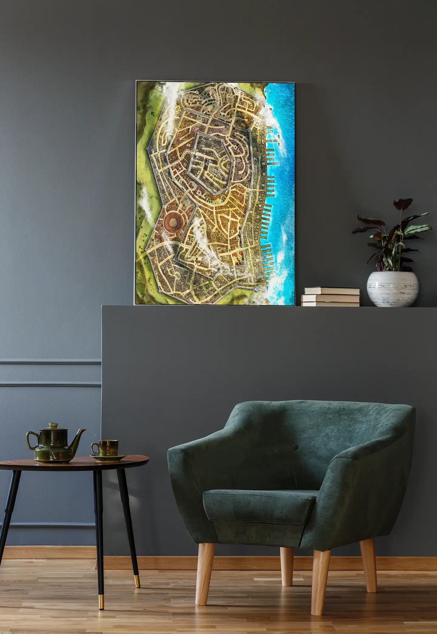 Green grasslands surround the city with subtle topographical markings.