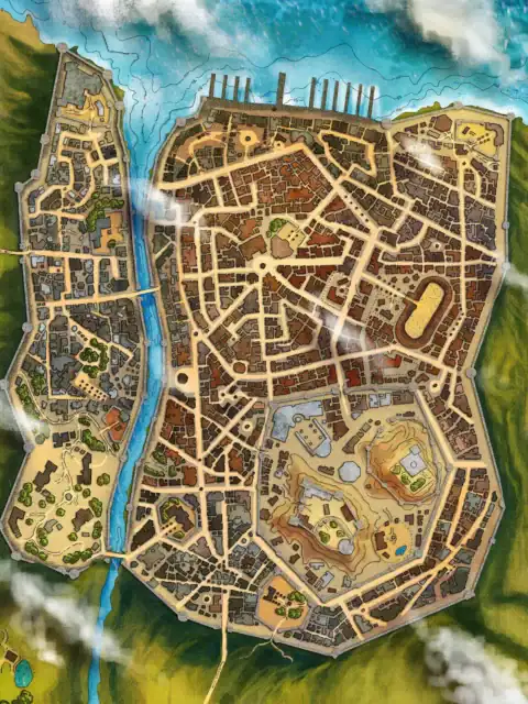 Dense medieval buildings with brown and red roofs in organic street layout.