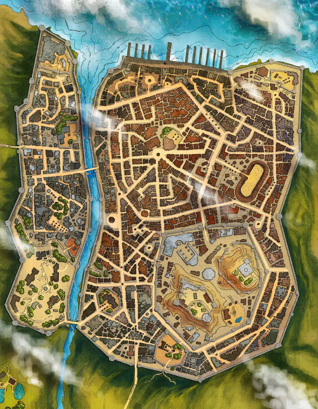 Dense medieval buildings with brown and red roofs in organic street layout.