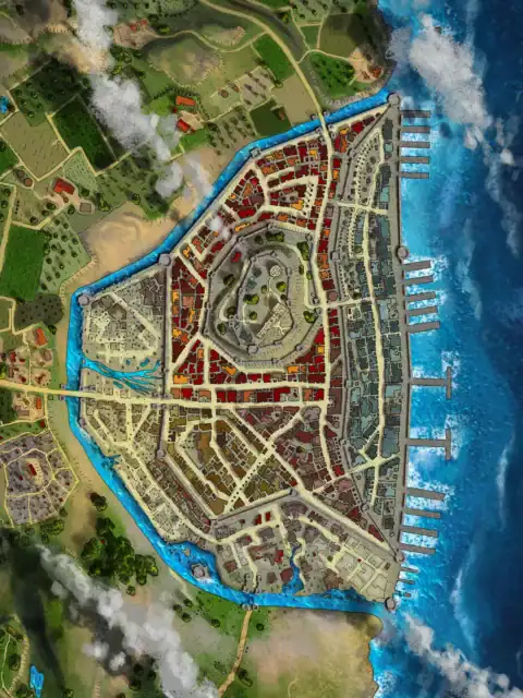 Eastern districts built on elevated terrain overlooking bright blue ocean waters.