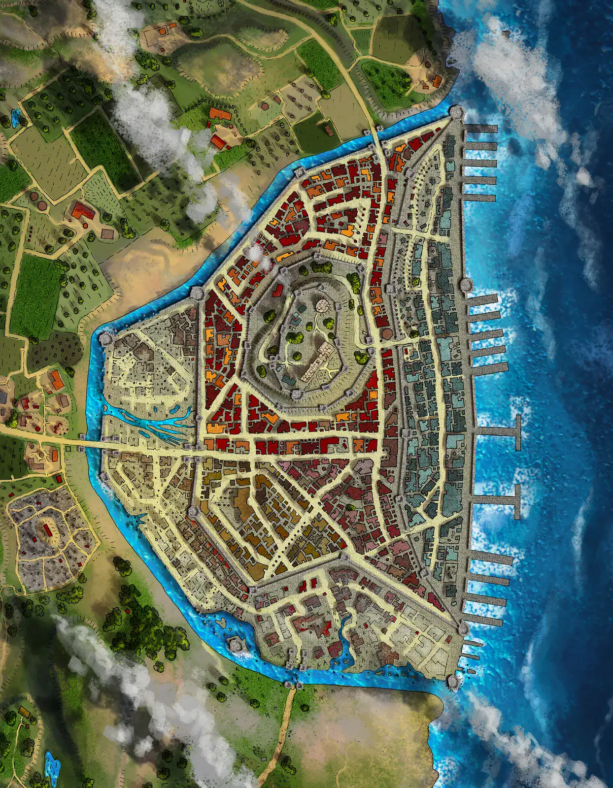 Eastern districts built on elevated terrain overlooking bright blue ocean waters.