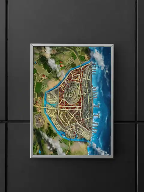 Top-down view of a fantasy coastal city divided by a river channel.