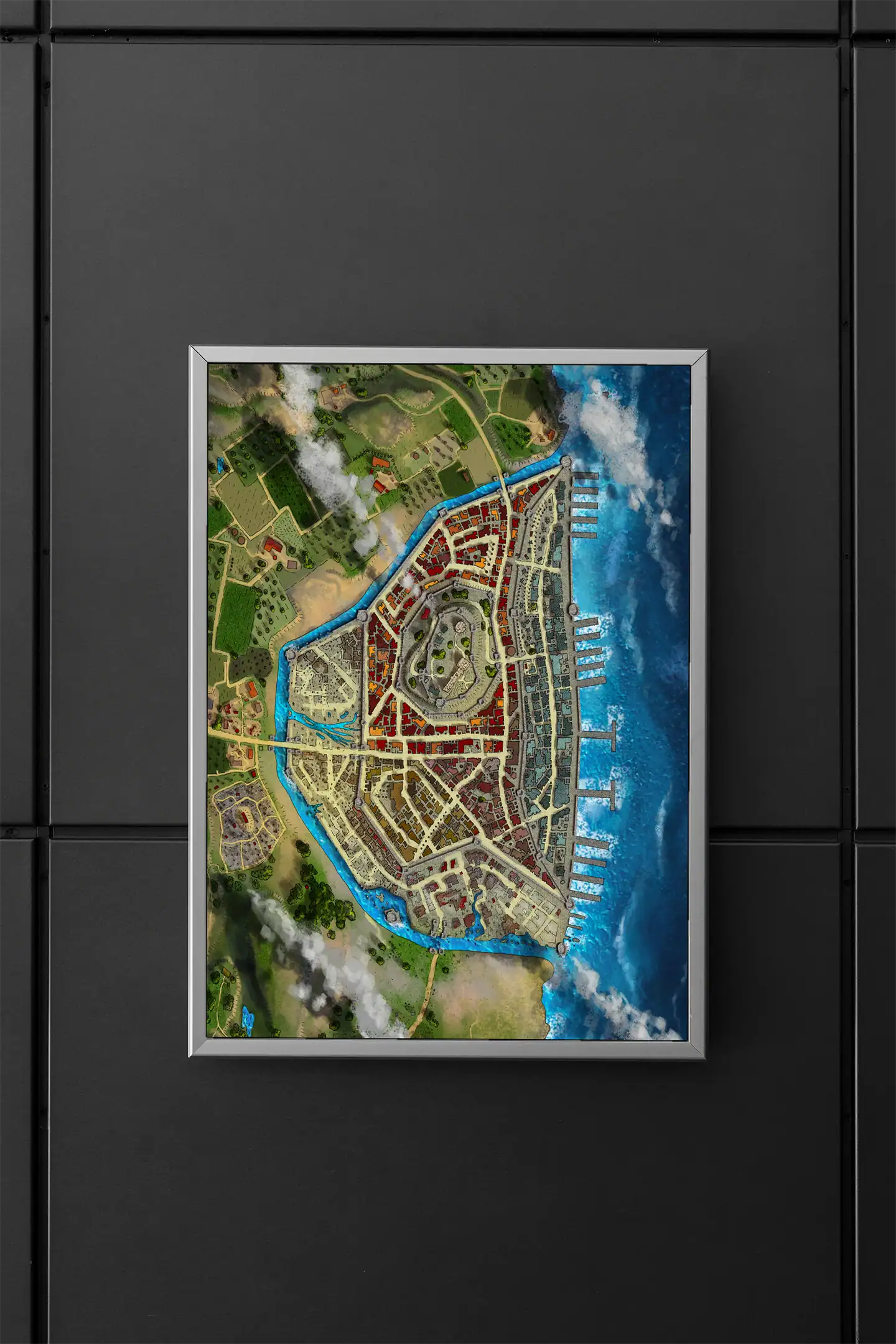 Top-down view of a fantasy coastal city divided by a river channel.