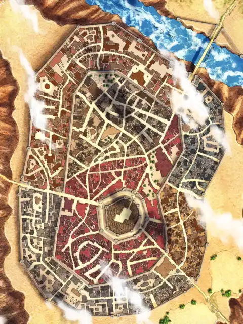 Dense urban settlement with radial street pattern radiating from central octagonal fortress.