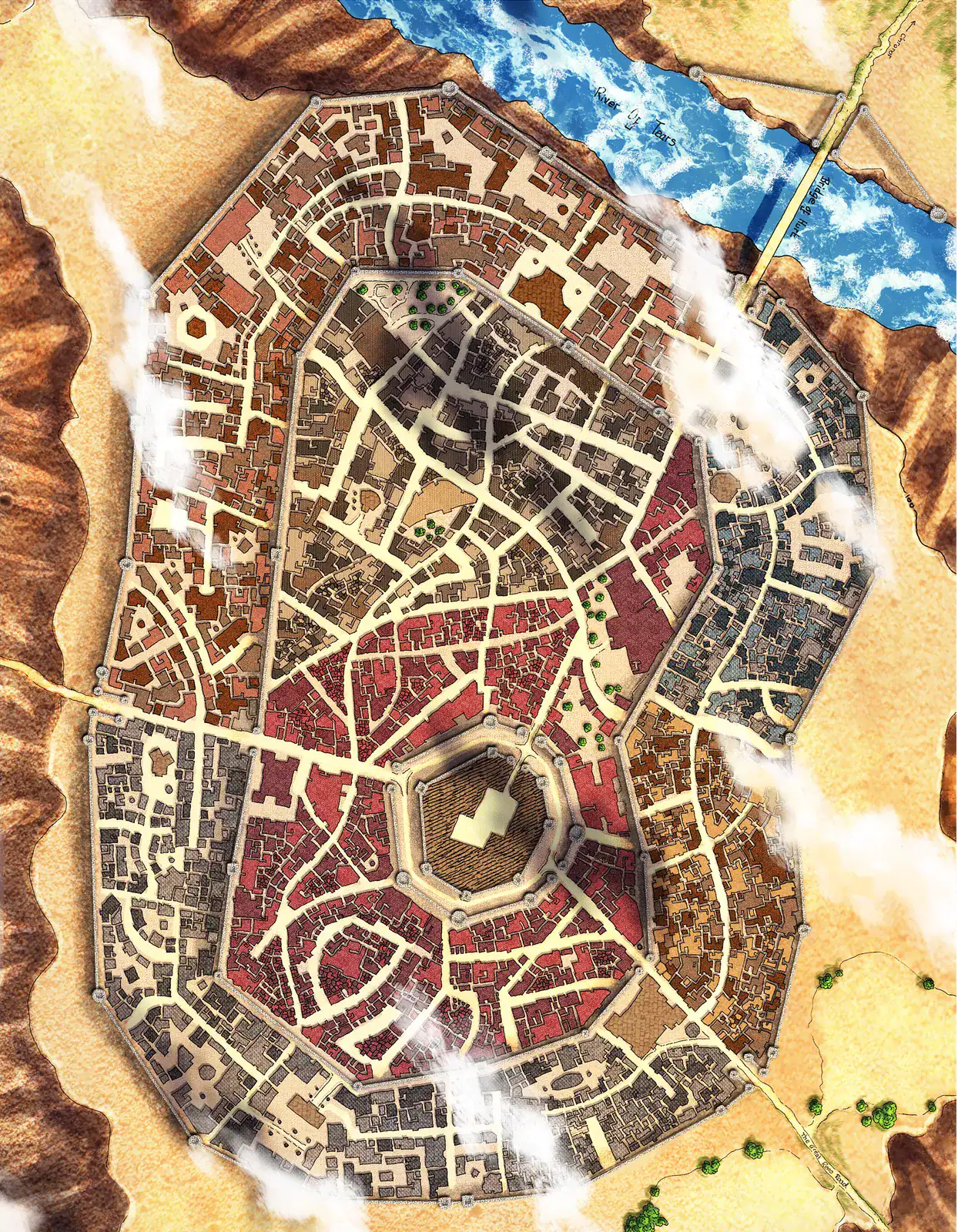 Dense urban settlement with radial street pattern radiating from central octagonal fortress.