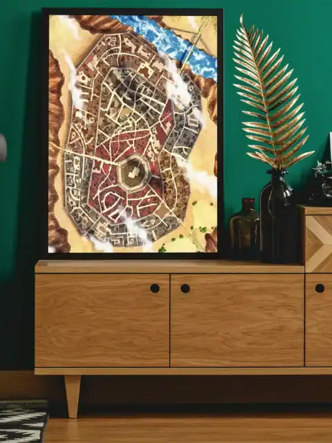 Tightly packed buildings in earth tones - rust reds, browns, grays, burgundy sections.