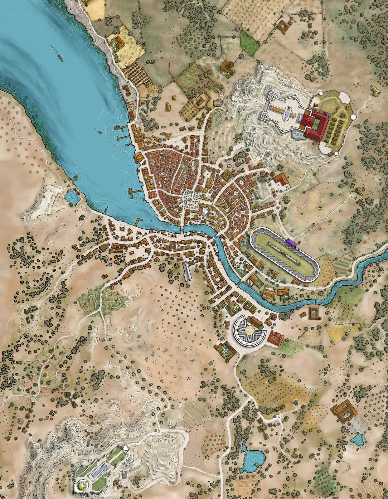 Brown buildings with orange-red roofs line both sides of central waterway.