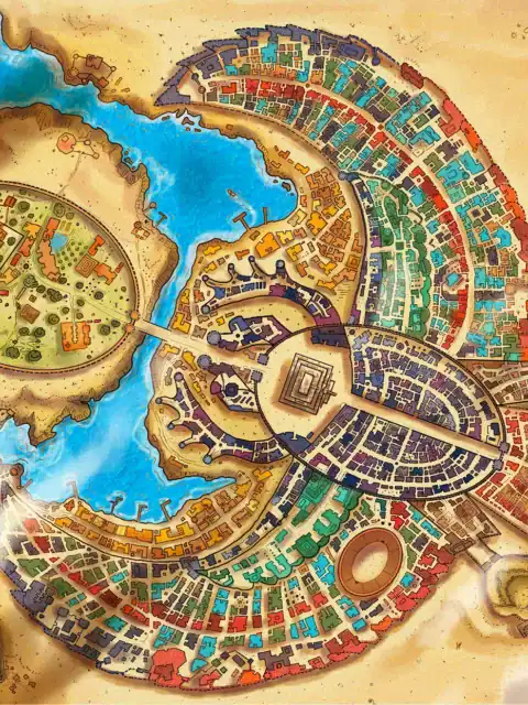 Jewel-toned districts in turquoise, red, purple, orange, and green arranged organically.
