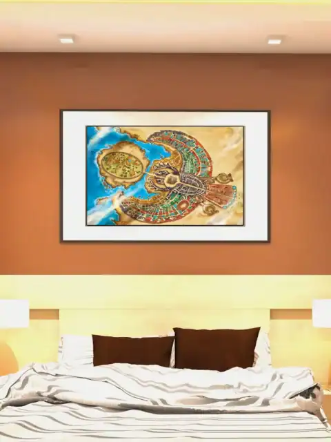 Spiral-shaped coastal city built on golden sand with concentric rings of buildings.