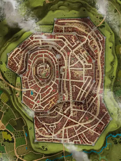 Fortified medieval settlement with rust-red and brown buildings.