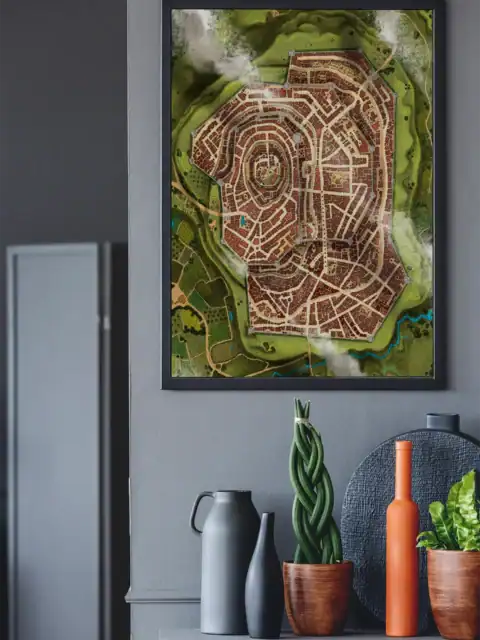 Green countryside with rolling hills surrounding walled city.