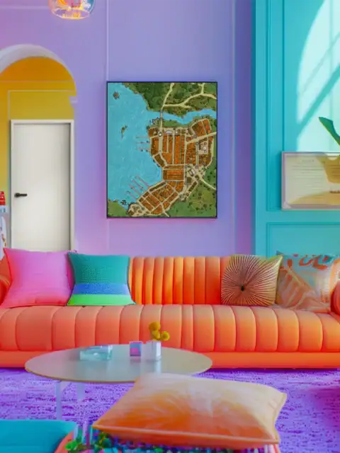 Bright turquoise water flows through the city with wooden docks extending outward.