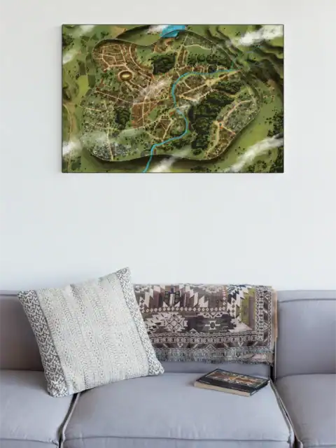 Hand-drawn fantasy city map viewed from above.