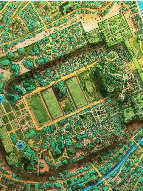 Dense urban settlement with winding streets and organized districts.