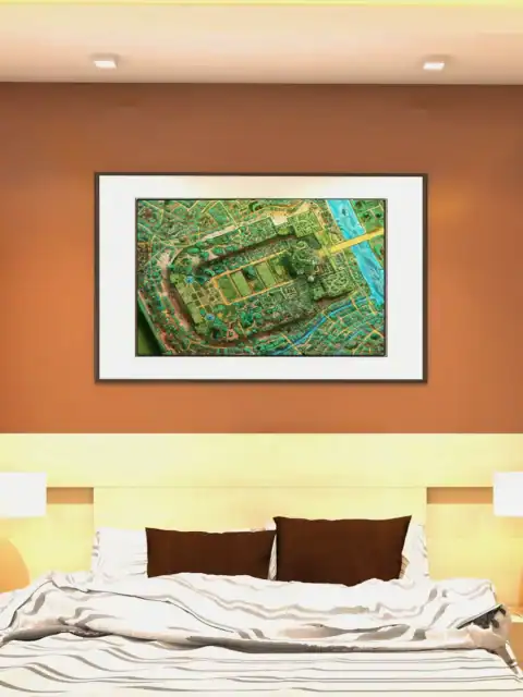 Aerial view of a coastal fantasy city with teal-roofed buildings.