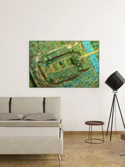 Central compound featuring rectangular green courtyards surrounded by buildings.