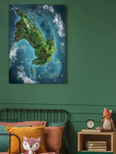 Large tropical island surrounded by bright turquoise waters with depth gradients.