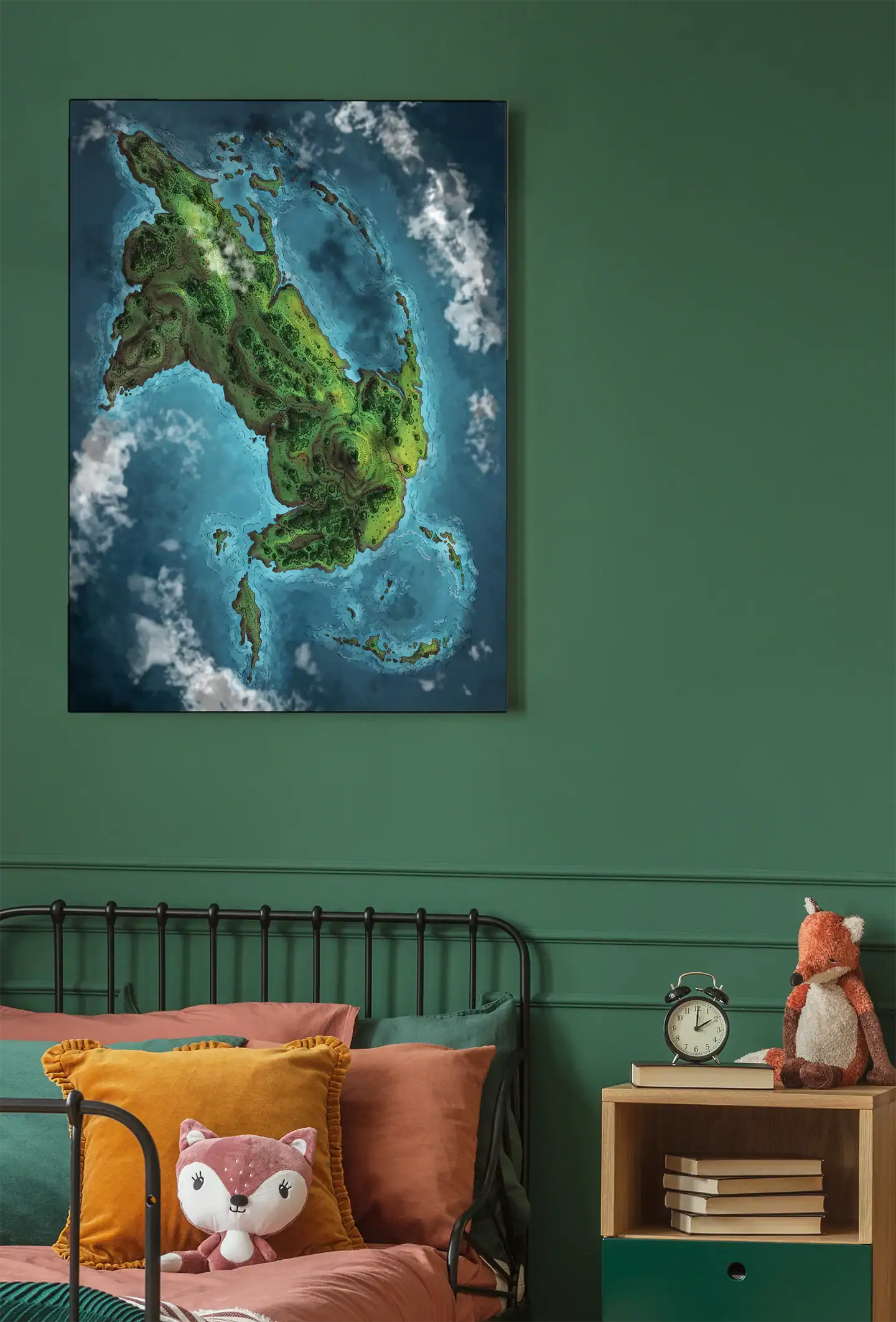 Large tropical island surrounded by bright turquoise waters with depth gradients.