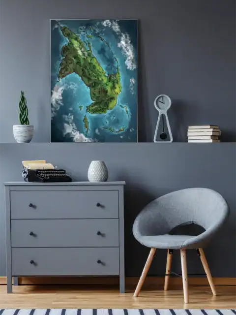White clouds drifting across deep blue ocean surrounding the main landmass.