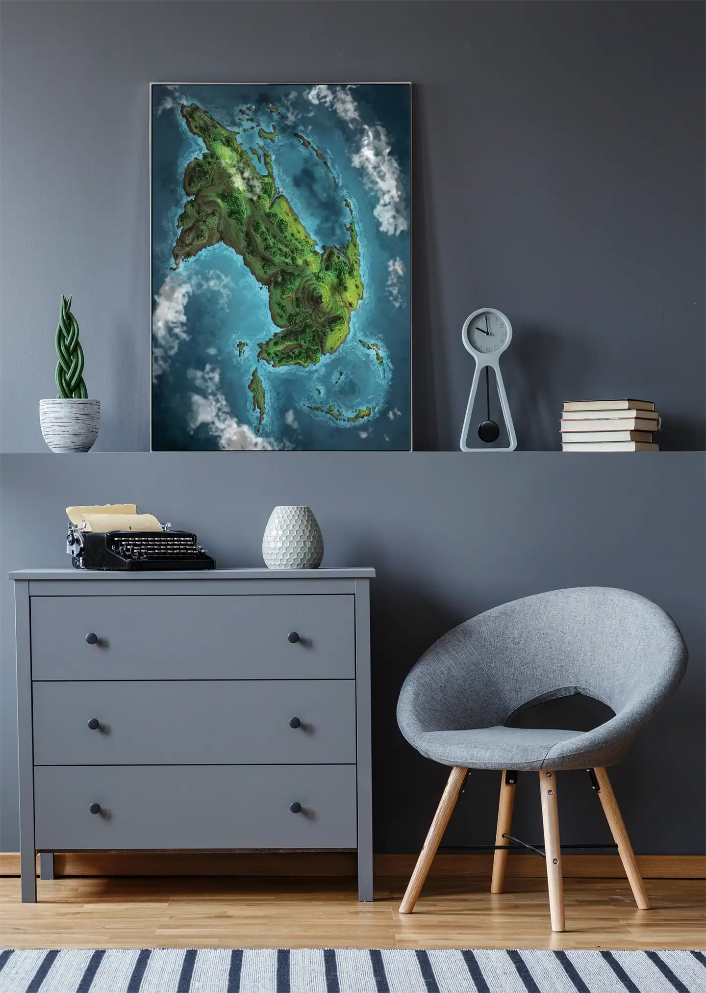 White clouds drifting across deep blue ocean surrounding the main landmass.