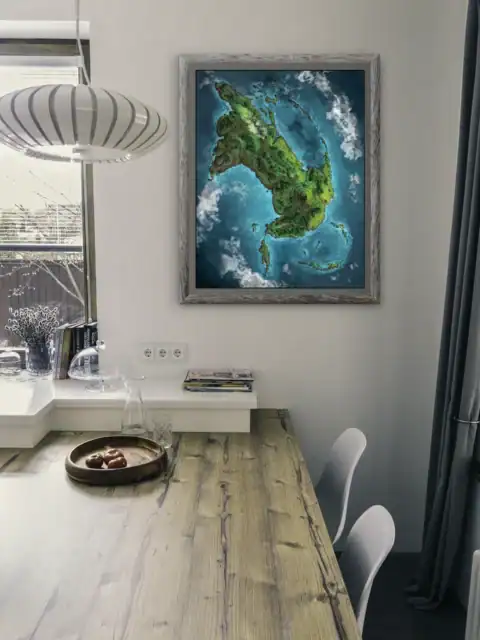 Smaller islands and archipelagos scattered around connected by shallow passages.