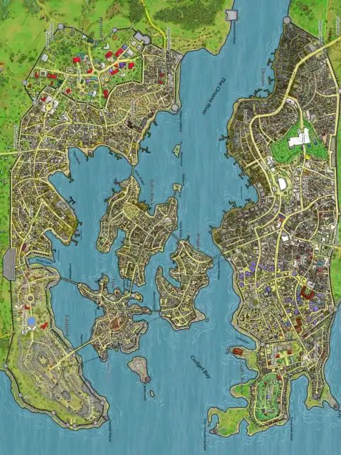 Central north-south channel divides mainland areas from densely packed island communities.