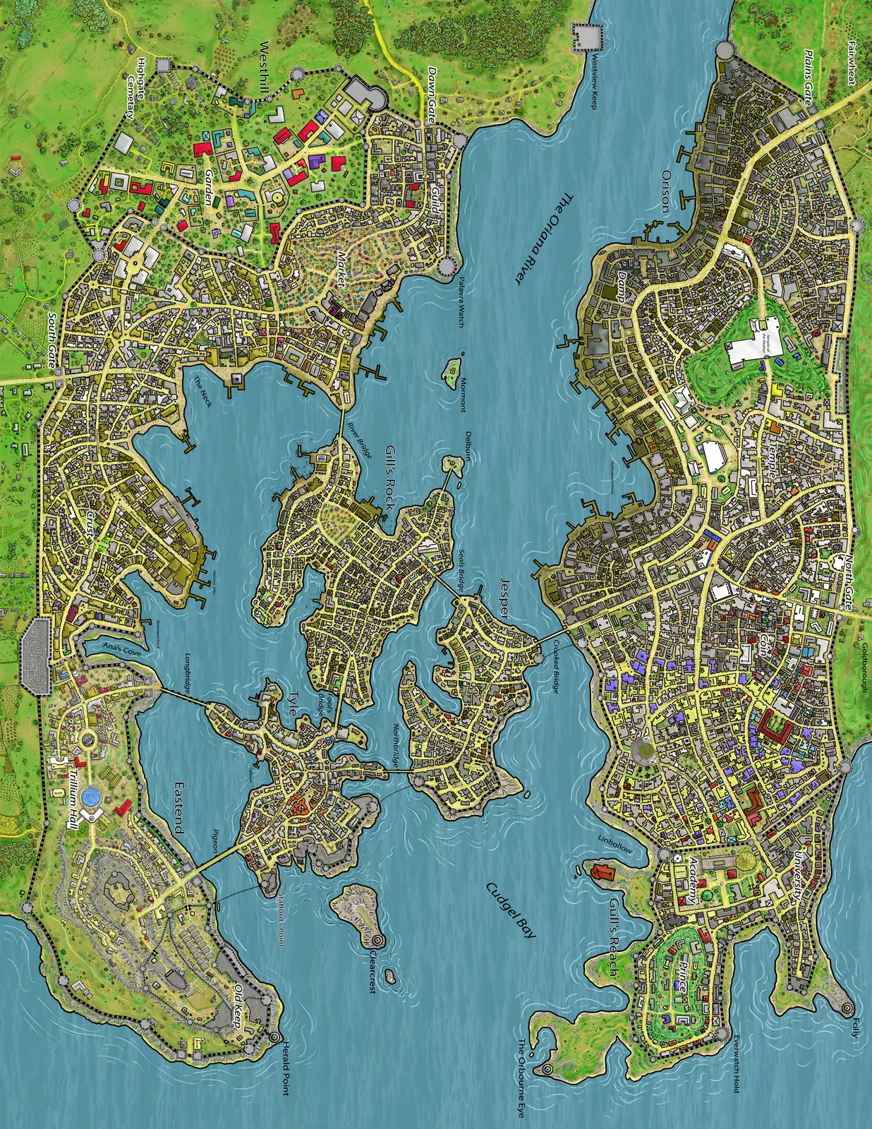 Central north-south channel divides mainland areas from densely packed island communities.