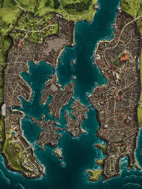 Turquoise water channels separate densely packed urban districts.