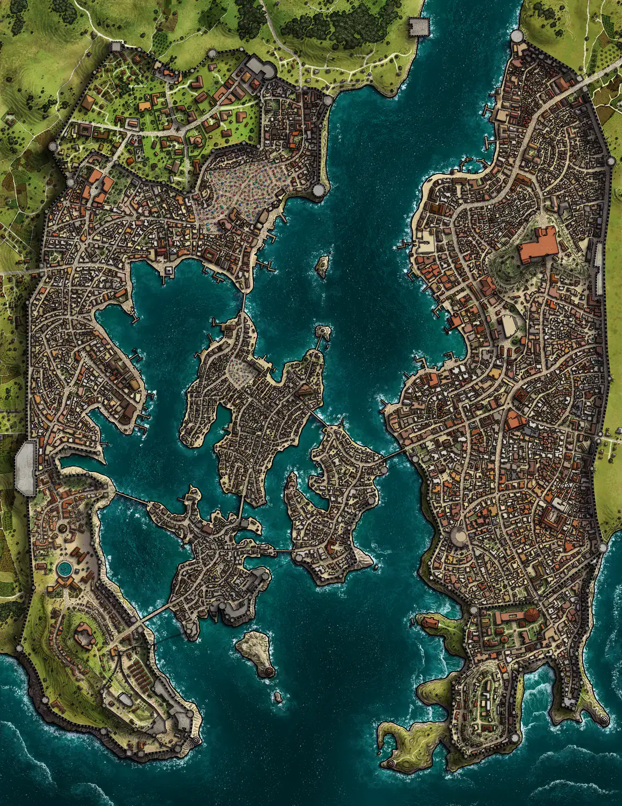 Turquoise water channels separate densely packed urban districts.