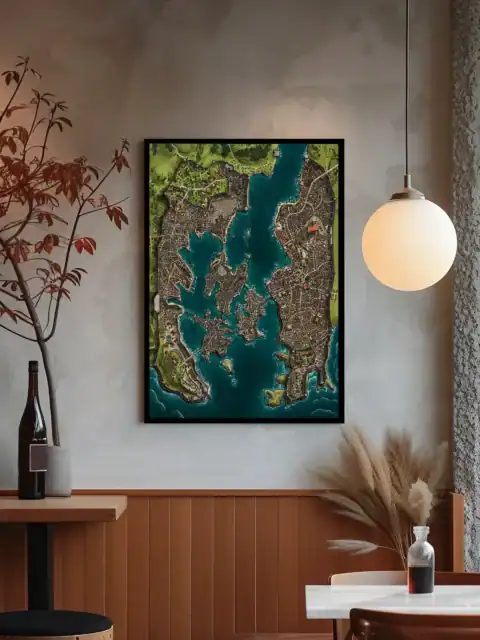 Detailed fantasy map showing a harbor city built across multiple islands.