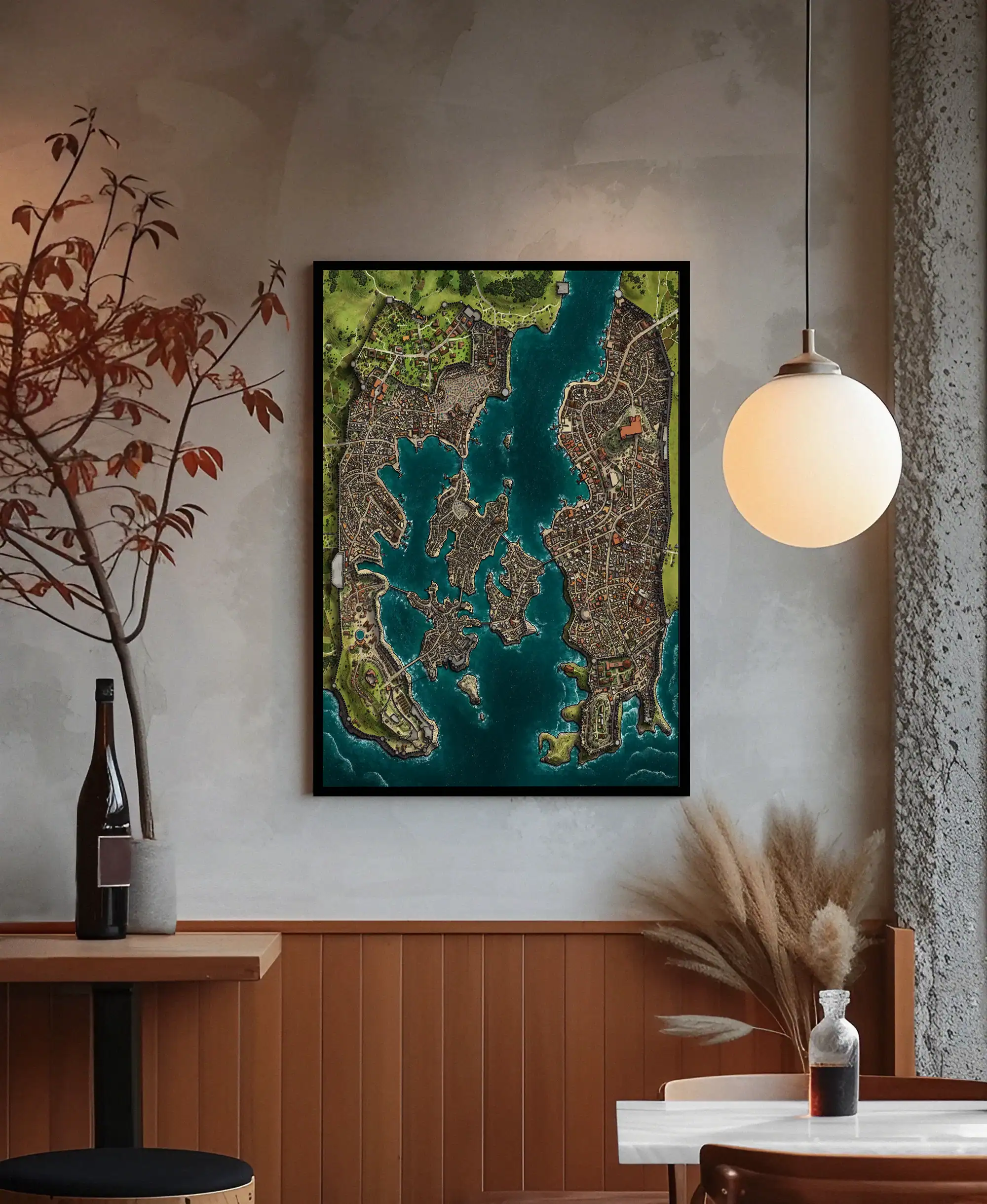 Detailed fantasy map showing a harbor city built across multiple islands.