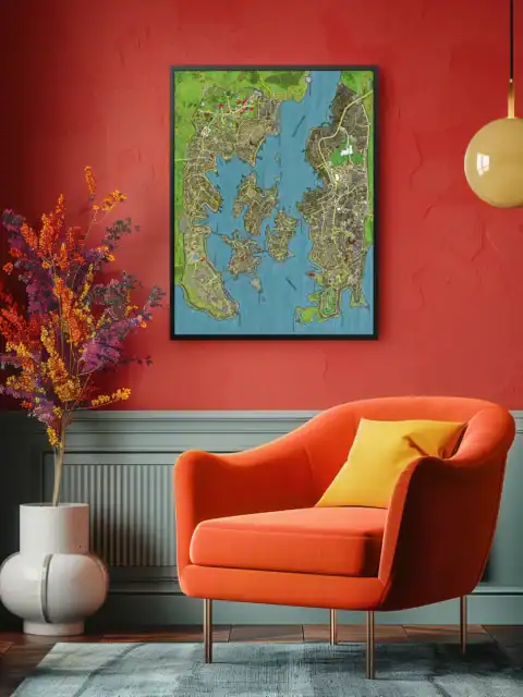 Fantasy city map showing multiple island districts separated by blue waterways.