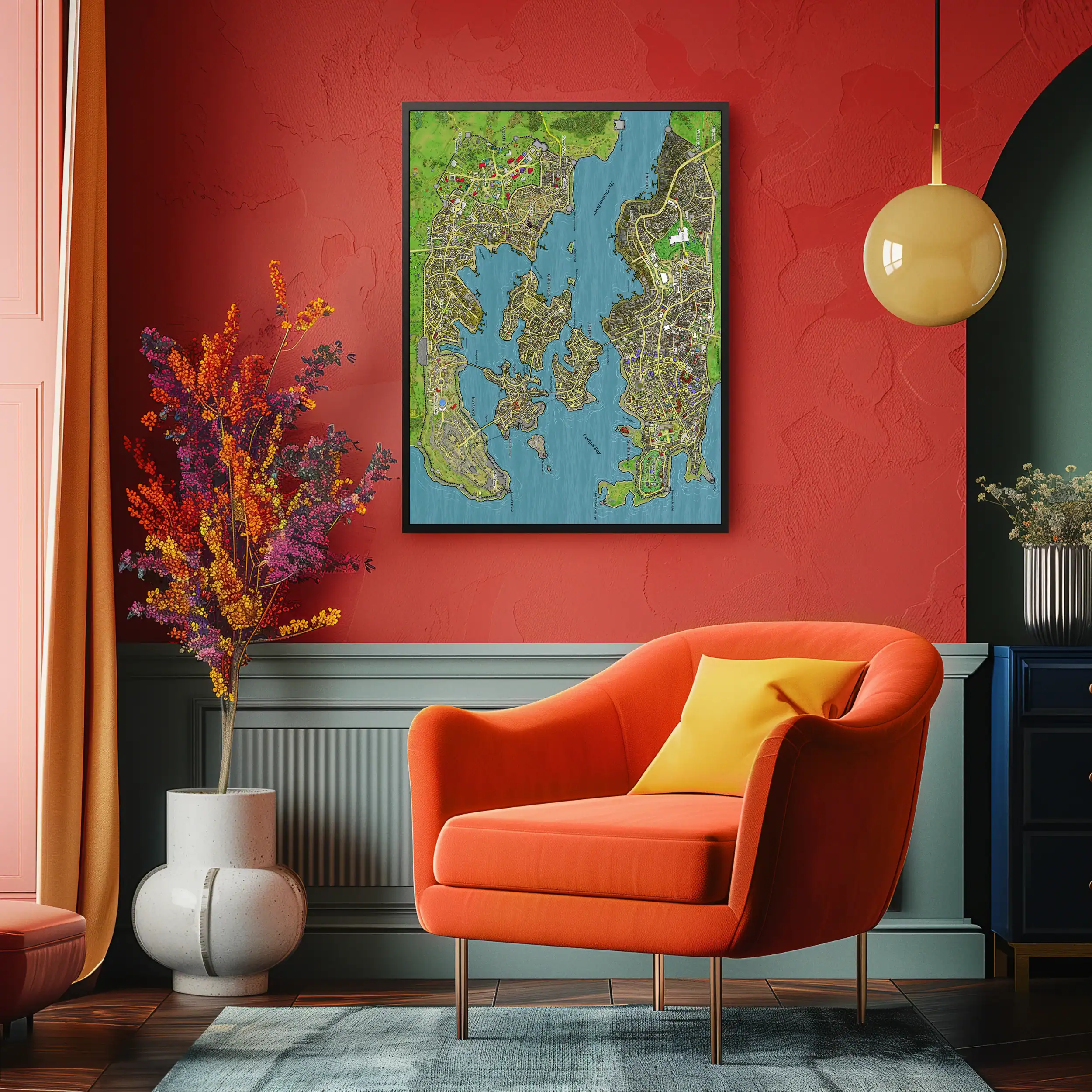 Fantasy city map showing multiple island districts separated by blue waterways.