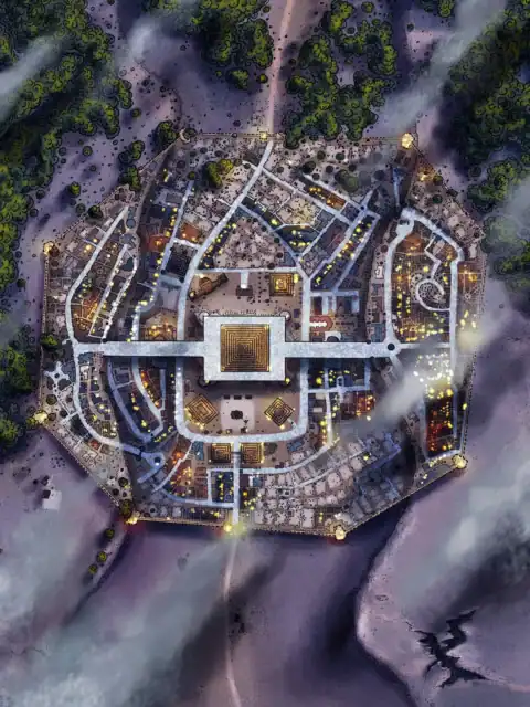 Central courtyard contains large golden geometric maze pattern.