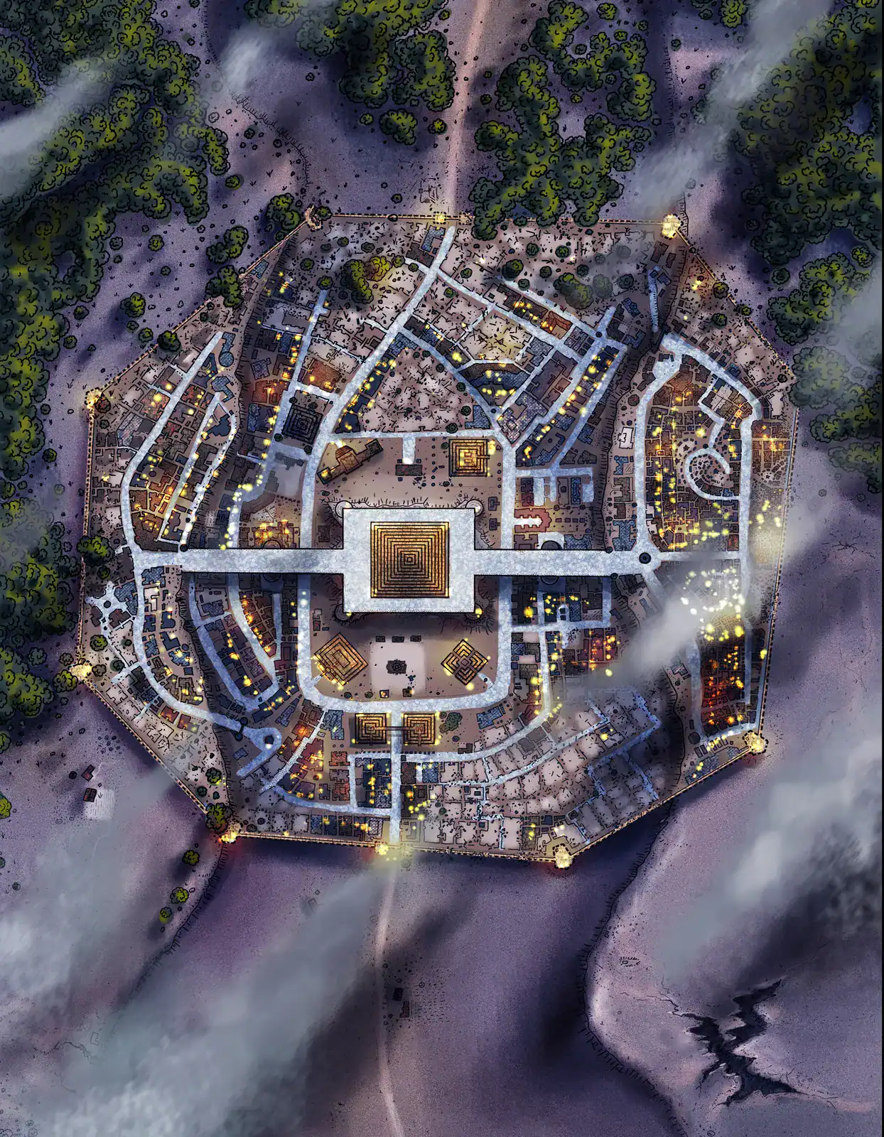 Central courtyard contains large golden geometric maze pattern.