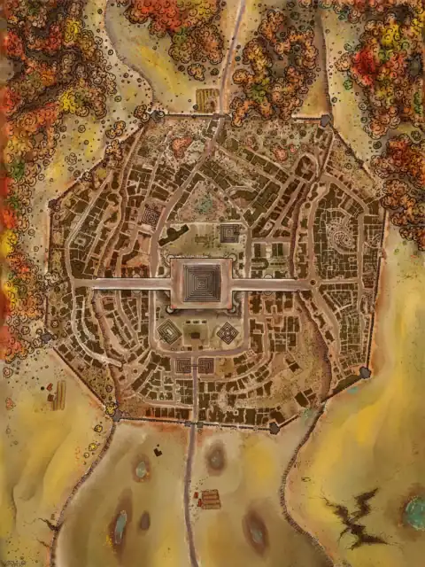 Dense brown and tan buildings arranged in curved districts.