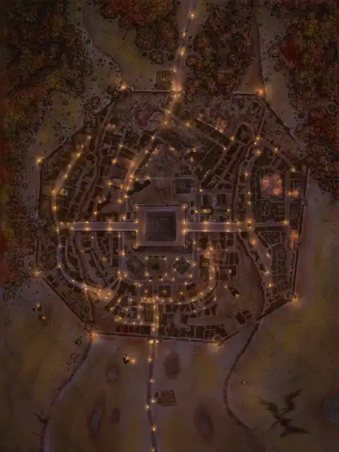 Central square features geometric patterns surrounded by winding streets.