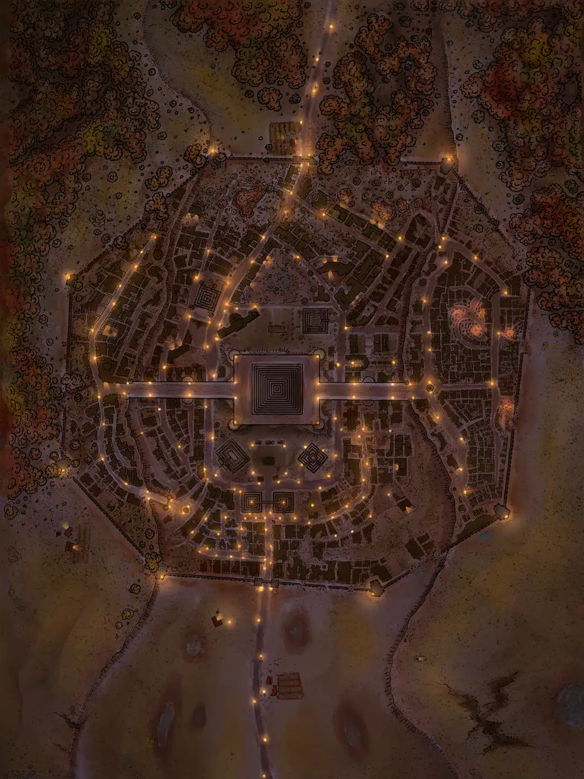 Central square features geometric patterns surrounded by winding streets.