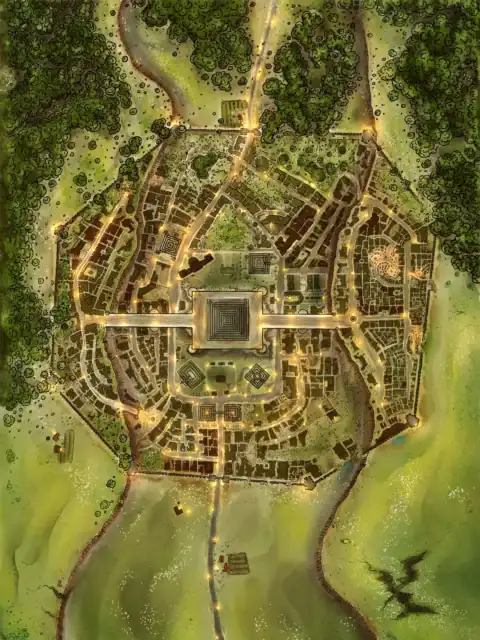 Six major roads radiating outward from center dividing city into distinct districts.