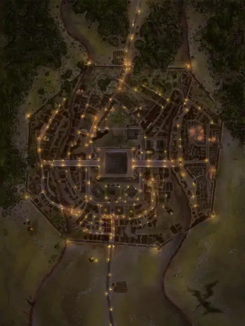 Golden torchlight illuminates winding streets and pathways throughout districts.