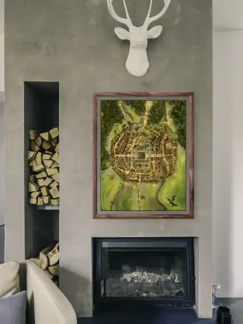 Surrounding green countryside with detailed tree clusters and wetland areas.