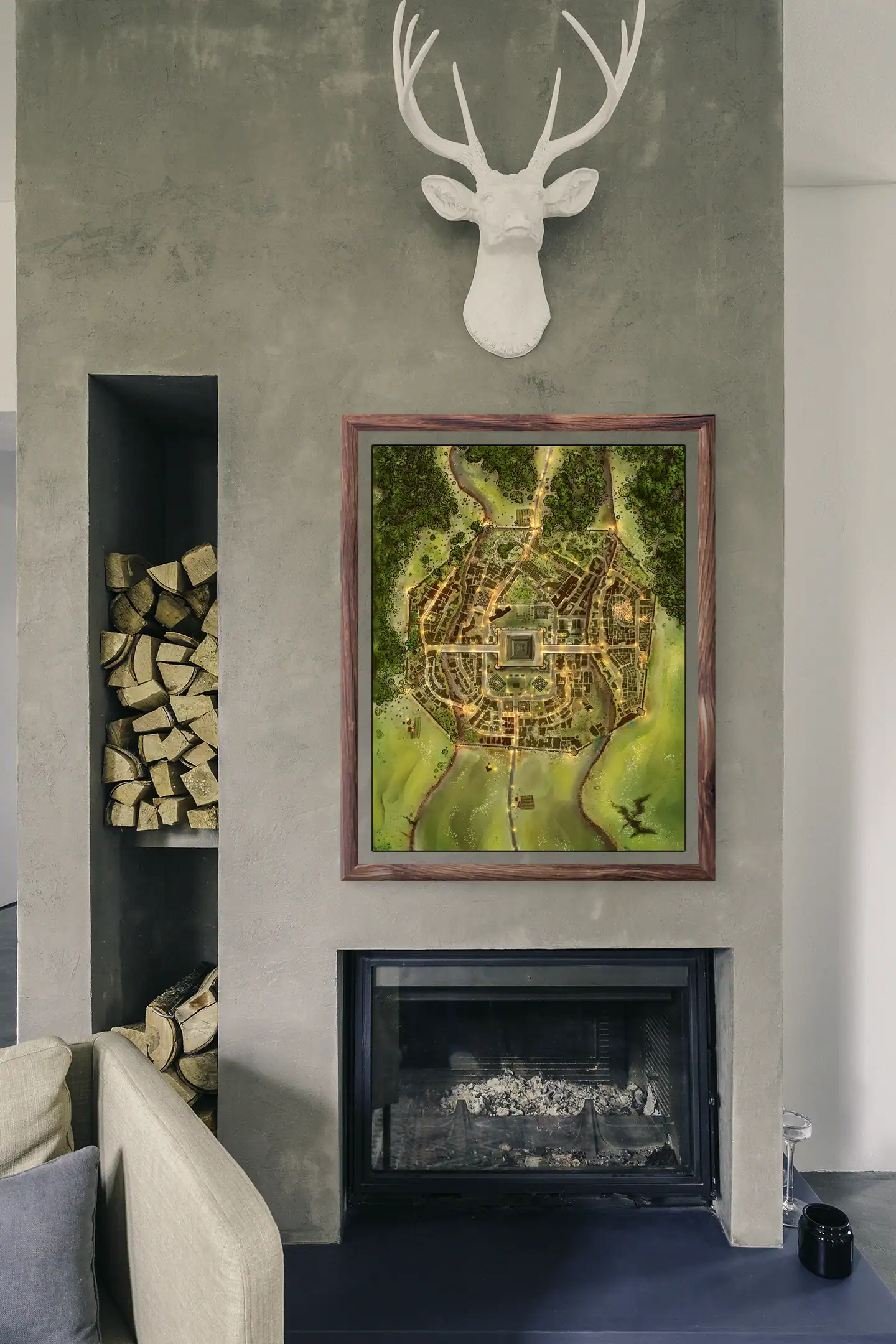 Surrounding green countryside with detailed tree clusters and wetland areas.